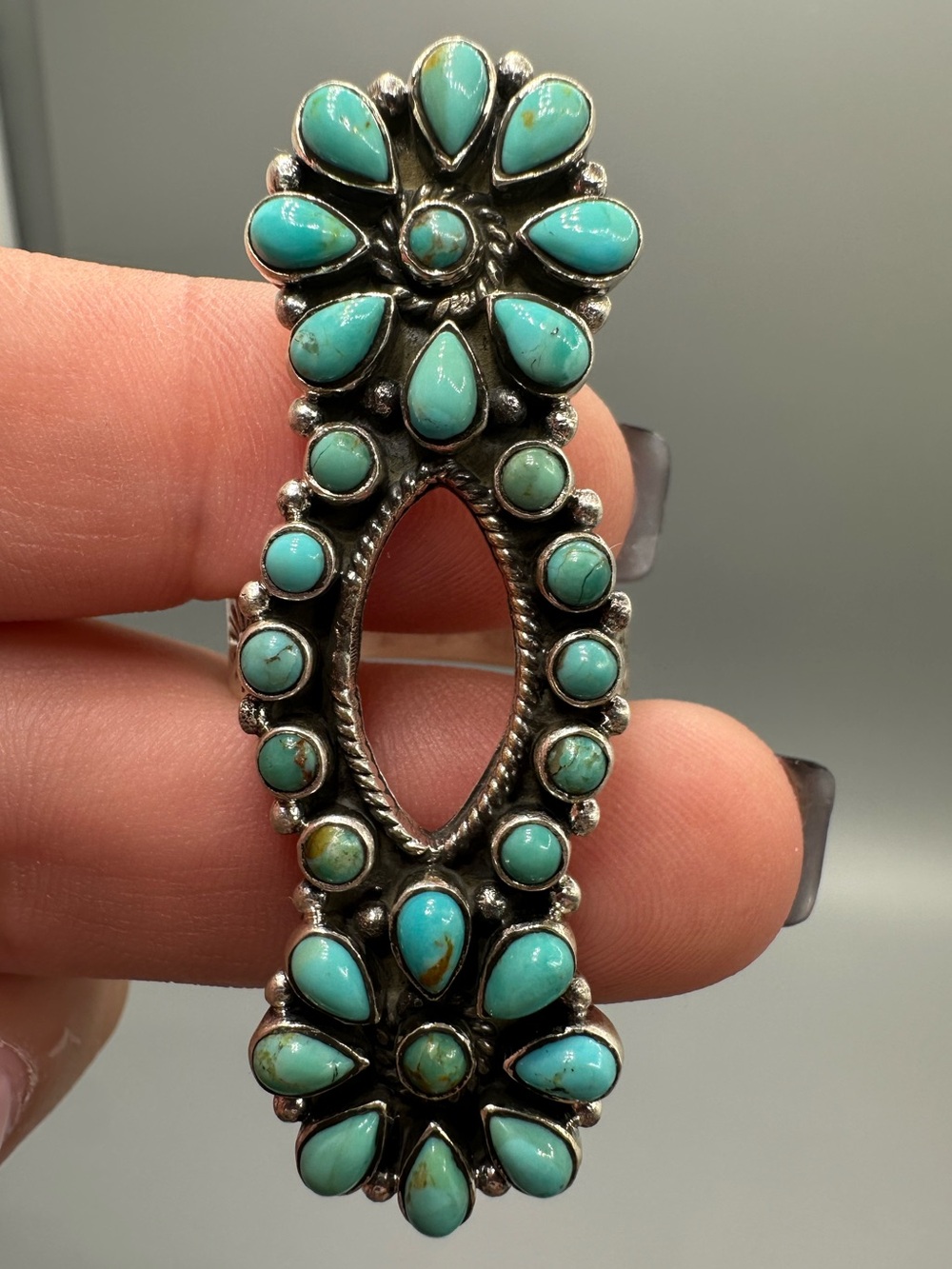 Turquoise Matte Sterling Silver 925 Handmade Adjustable Crawler Cluster Ring - Picture 4 of 8